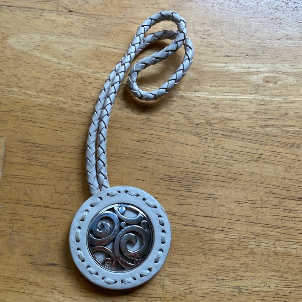 Brighton White Braided Leather Pendant Bag Charm with Silver Medallion